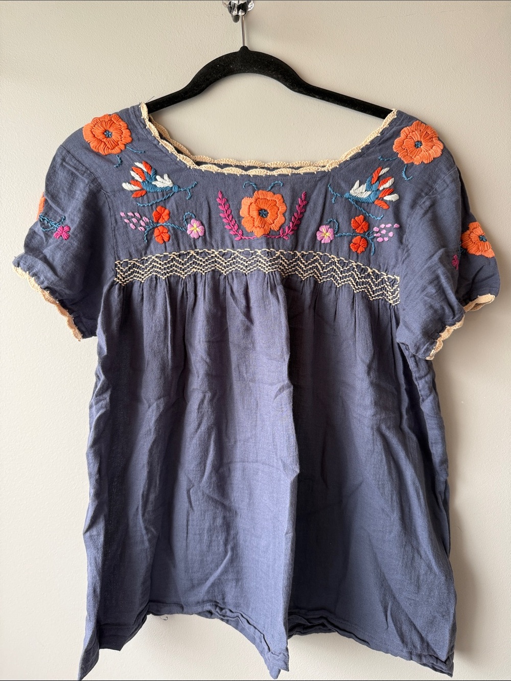 THML Navy Short-Sleeve Embroidered Floral Tunic crochet cotton gauze feel L